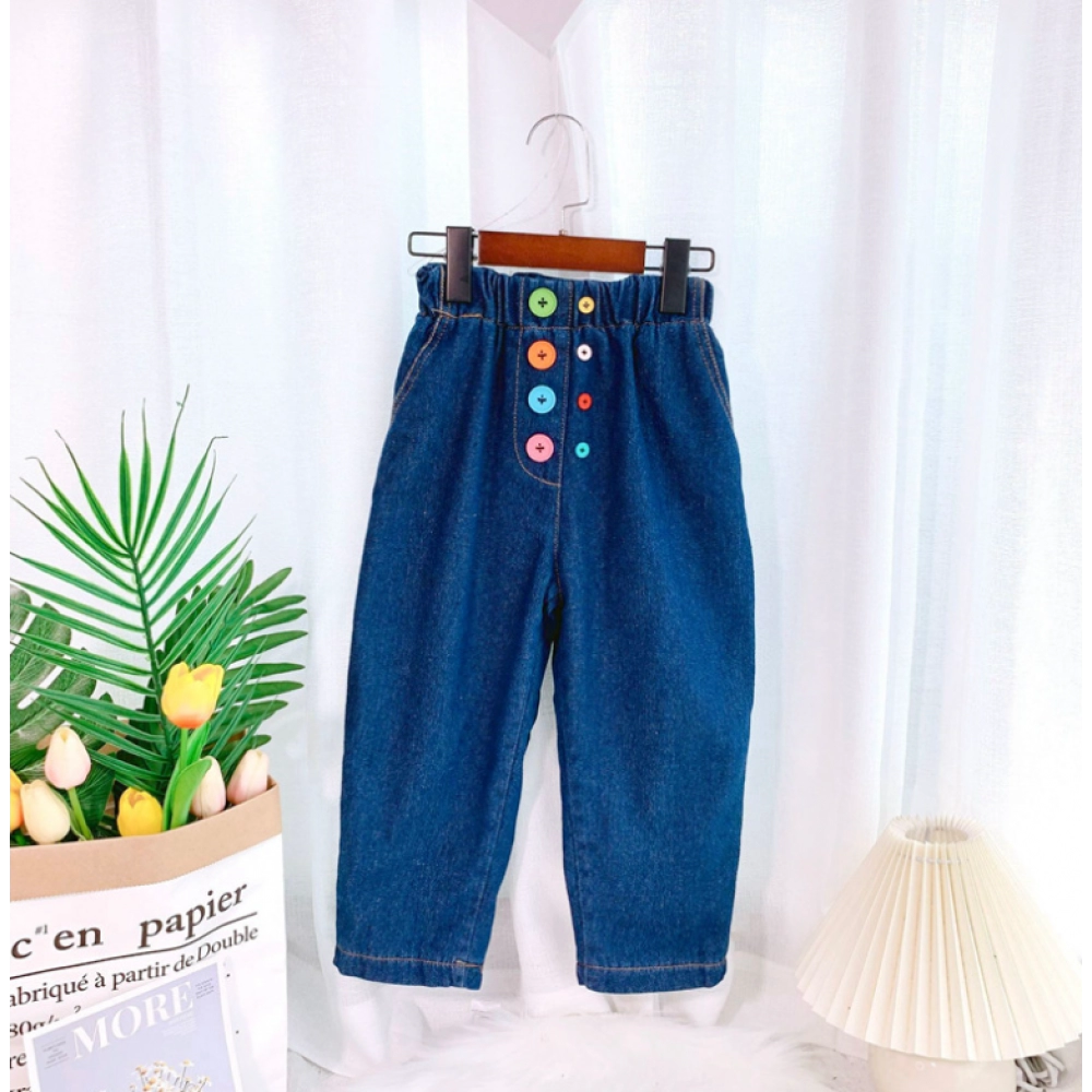 Korean version of children's clothing girls' jeans autumn and winter children's straight trousers for children's color buttons and plush trousers trend