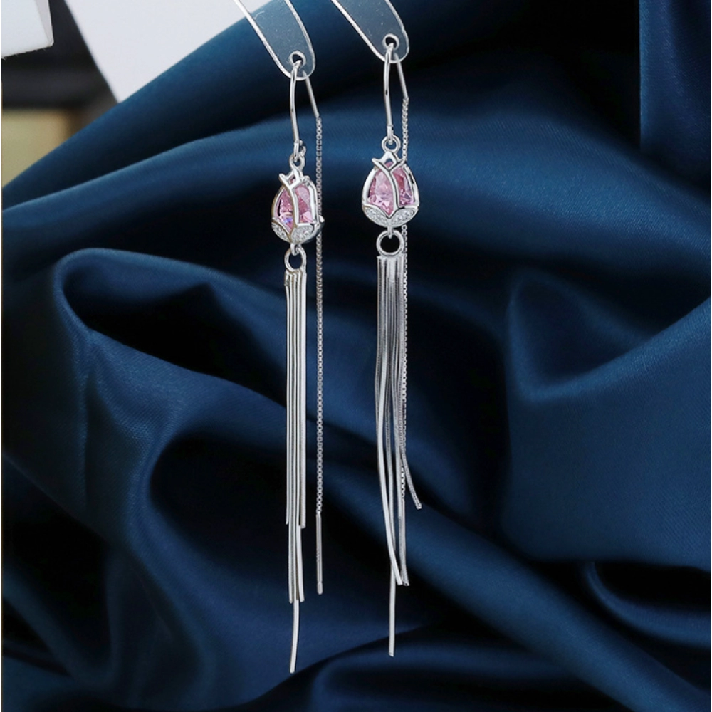 Sterling silver earrings women's Korean version temperament tulip earrings long tassels fashion network popular versatile earrings